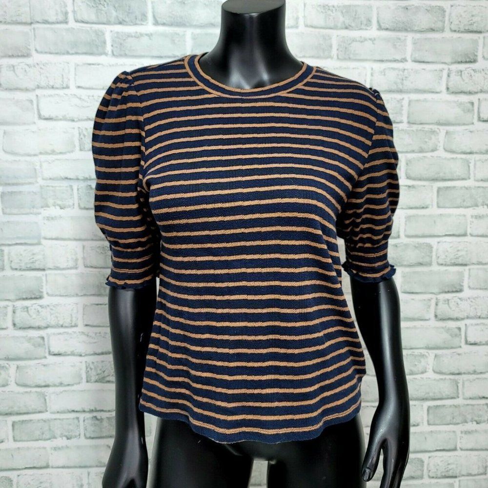 Lucky Brand Womens‎ S Navy Brown Striped Short Puff Sleeve Knit Shirt Retro
